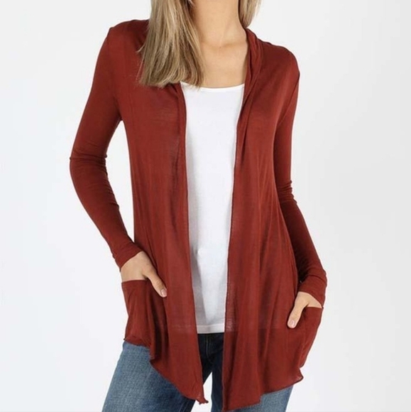 *3 for $30* ZENANA Waterfall Drape Cardigan - Fired Brick - Rust - Picture 1 of 3
